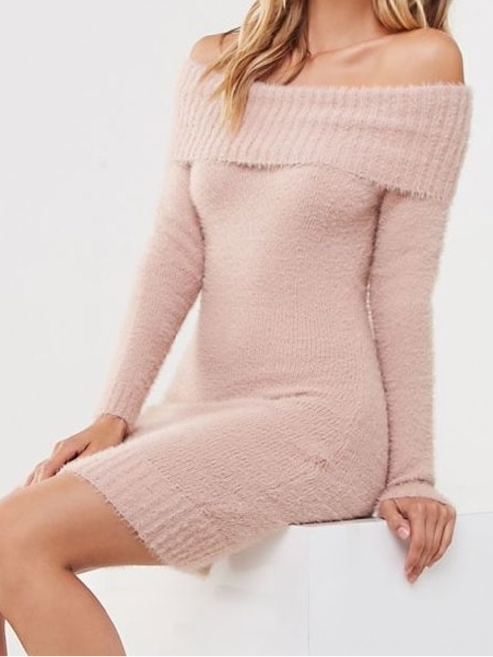 IRIS Fuzzy Ribbed Long Sleeve Cowl Sweater Dress